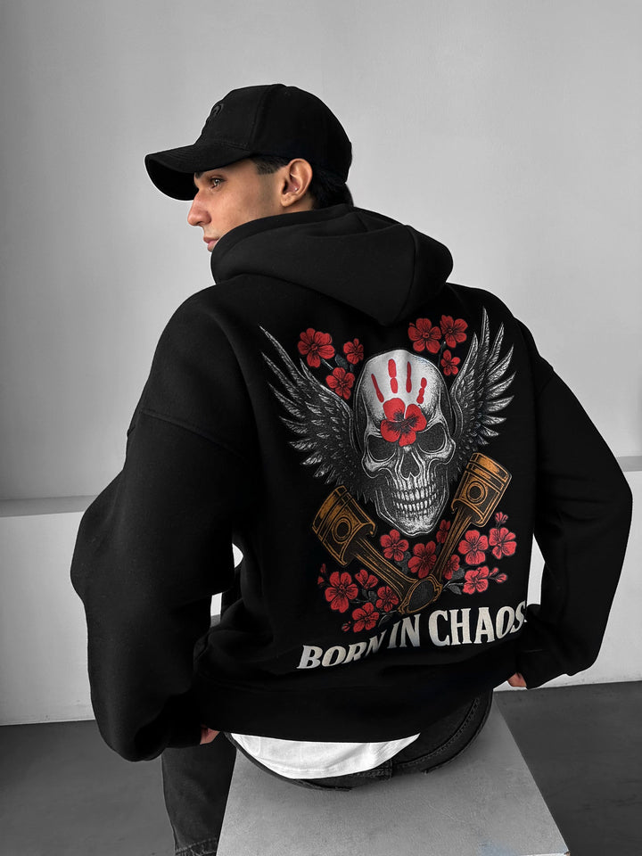 Oversize Skeleton Born in Chaos Hoodie - Svart