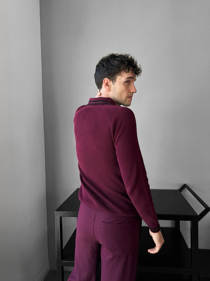 Slim Fit Halv-Zip Broderad Polo Tröja - Bordeaux