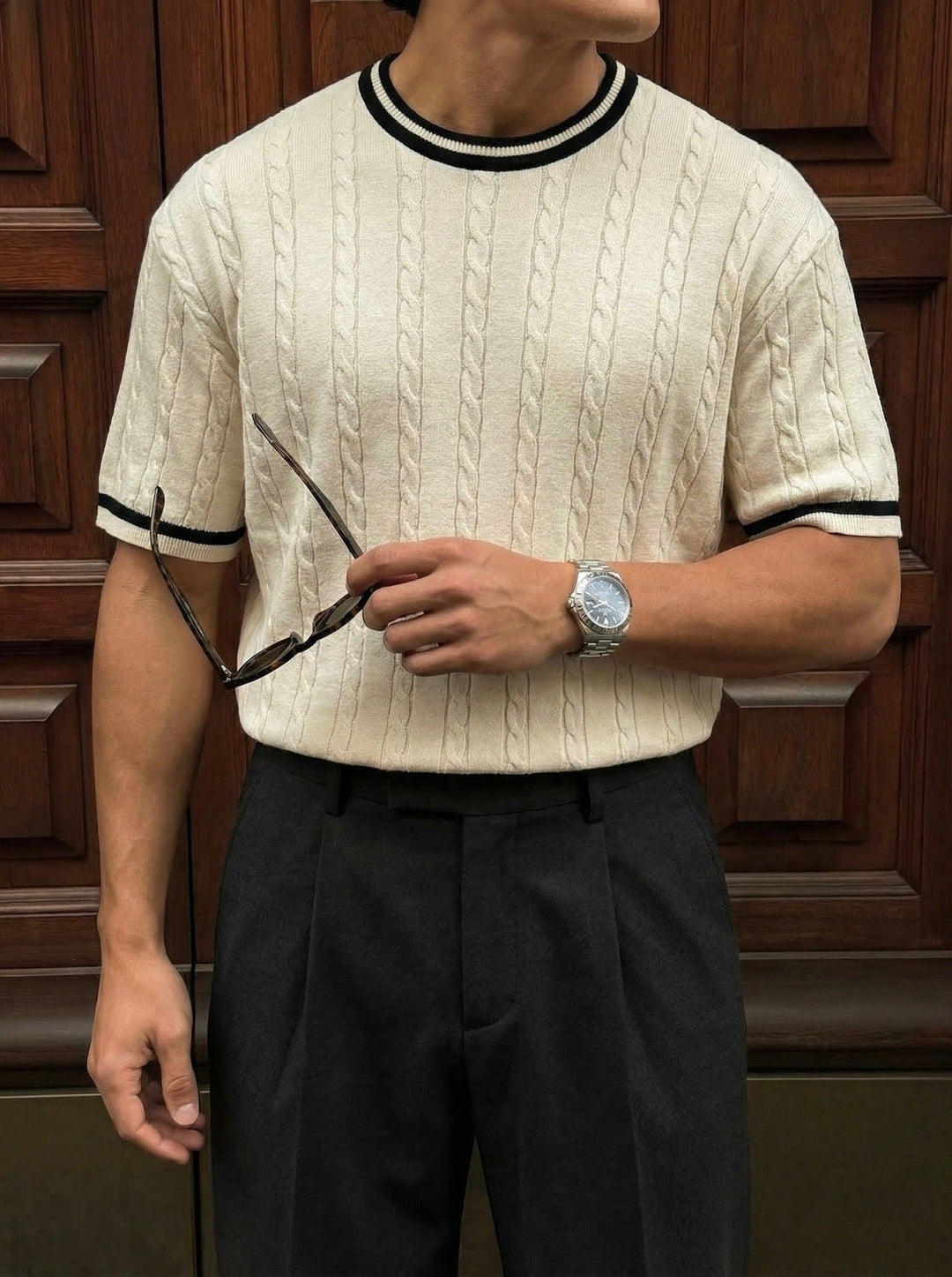 Regular Fit Braid Knit T-shirt - Grädde