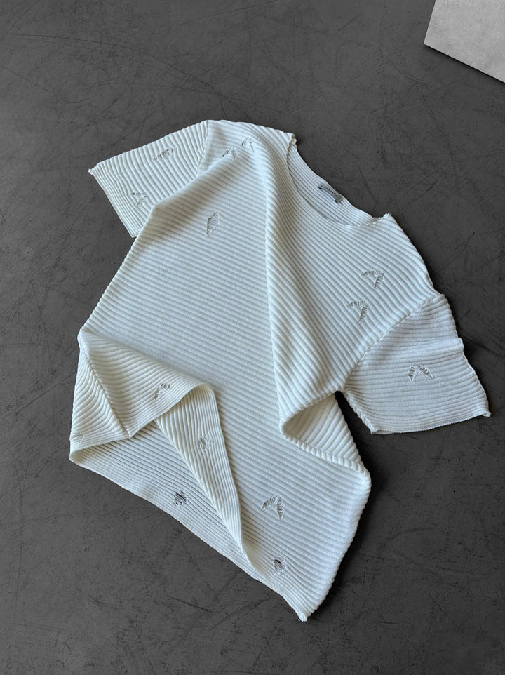 Lös Passform Torn Stickad T-Shirt - Vit