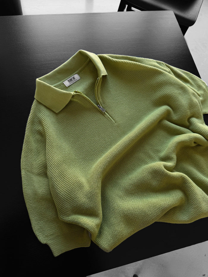 Oversize Dragkedja Stickad Polo T-shirt - Ljusgrön