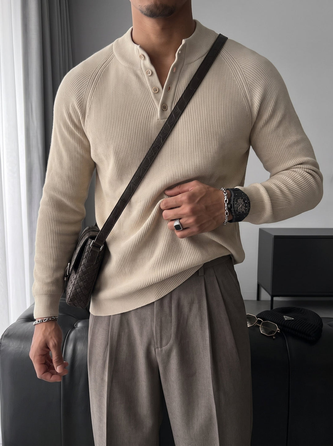 Slim Fit Stickad Tröja - Beige