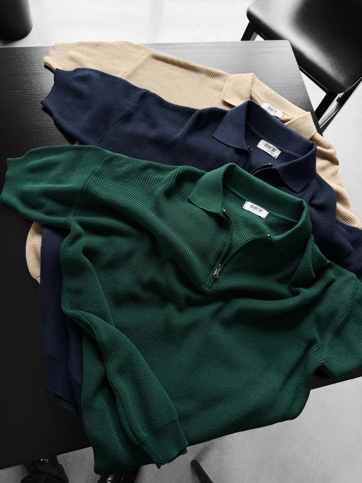 Överdimensionerad Dragkedja Stickad Polo T-shirt - Smaragd