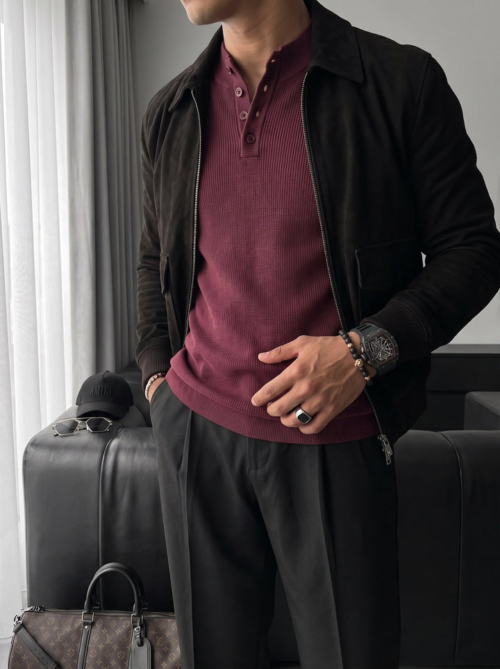 Slim Fit Stickad Tröja - Bordeaux