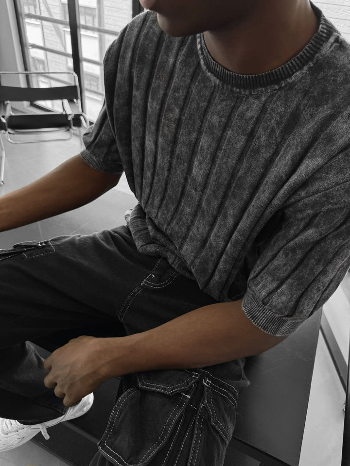 Slim Fit Tvättade Linjer Stickad T-Shirt - Antracit