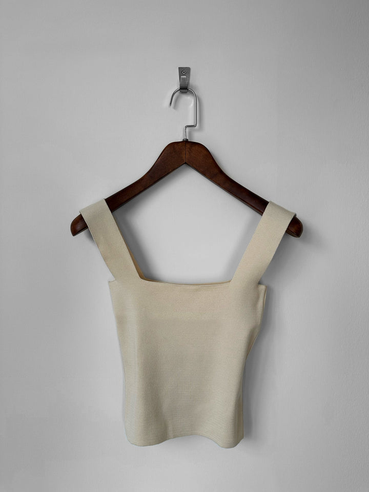 Rutig Hals Stickad Topp - Beige