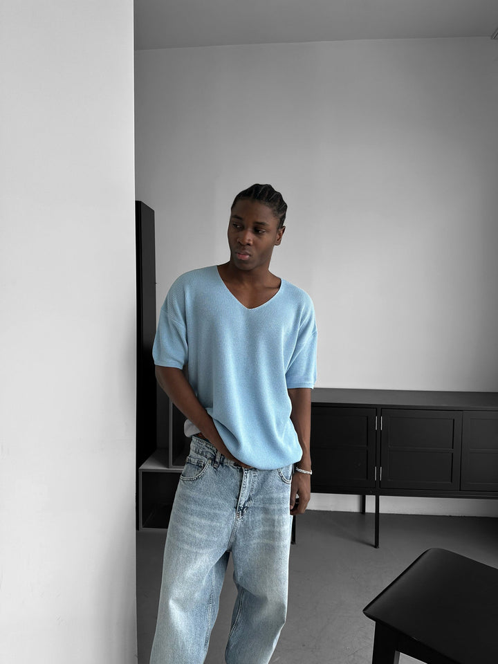 Oversize Lång Stickad T-Shirt - Babyblå