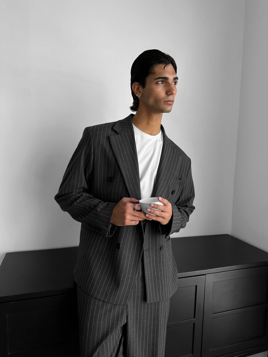 Oversize Pinstripe Dubbelknäppt Kostym - Svart