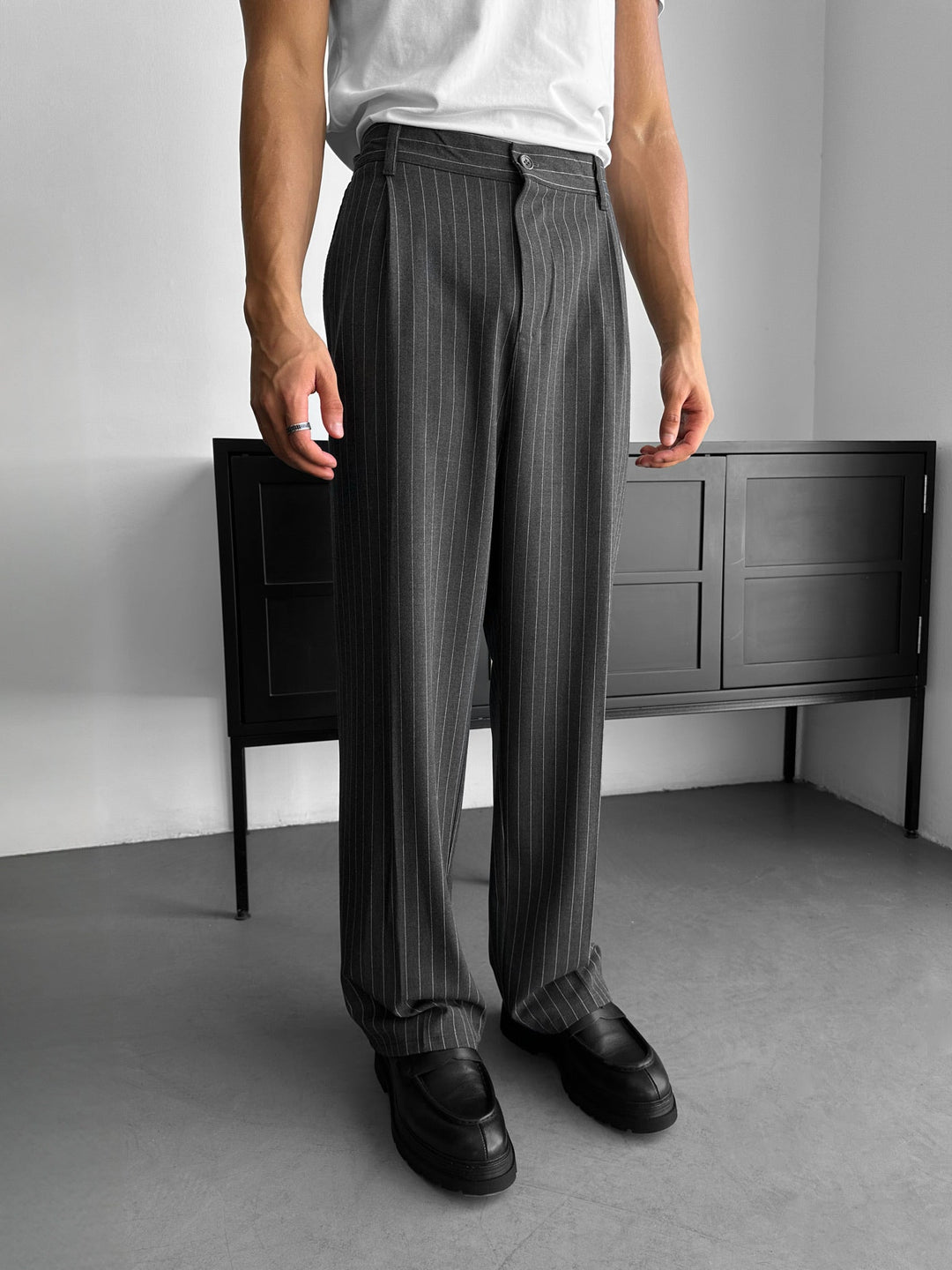 Oversize Pinstripe Dubbelknäppt Kostym - Svart