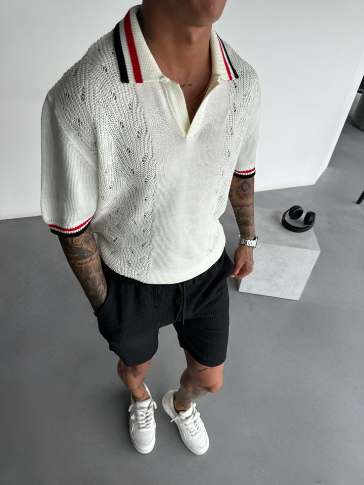 Slim Fit Detaljstickad Polo T-shirt - Ecru