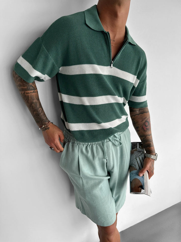 Regelbunden Stickad Dragkedja T-shirt - Petrol