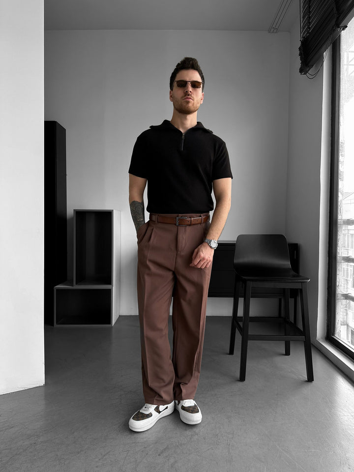 Oversize Zip Neck Knit T-shirt - Mörkbrun