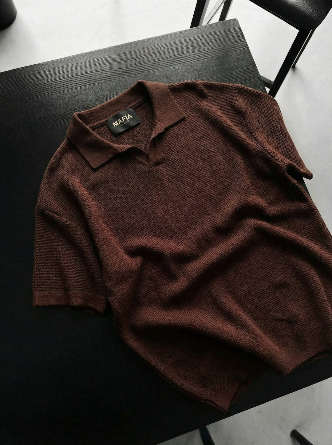 Överdimensionerad Krage Ribbad Stickad T-Shirt - Mörkbrun
