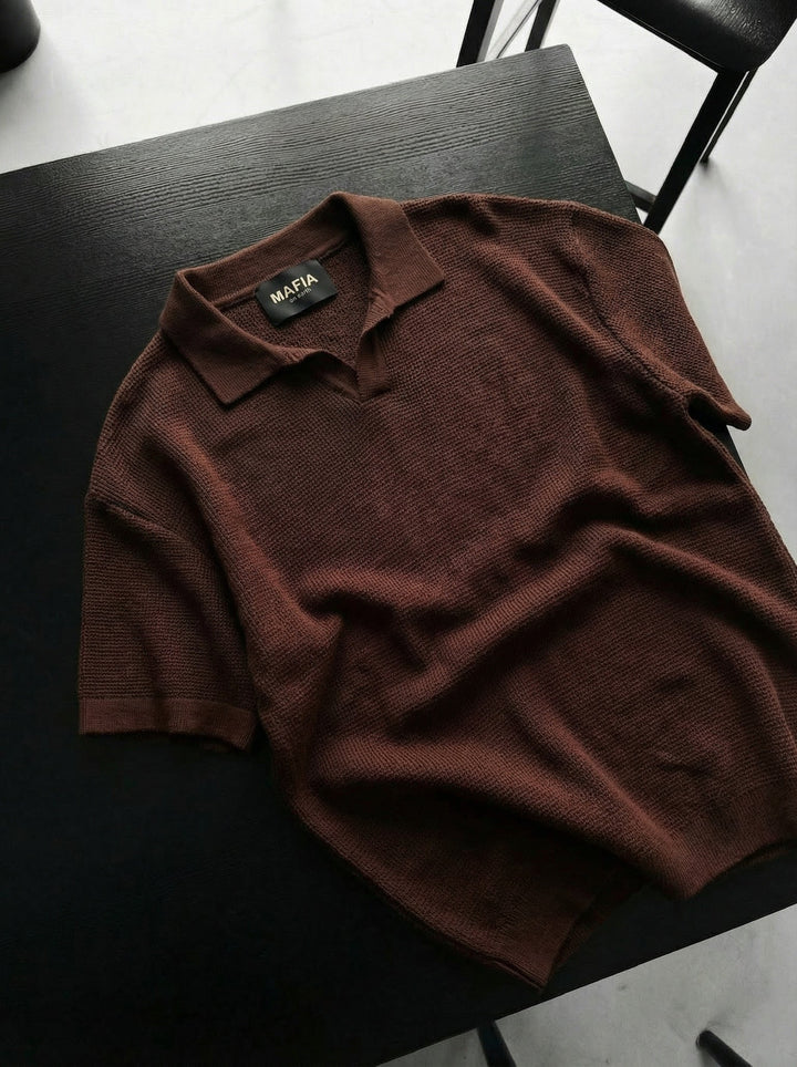 Överdimensionerad Krage Ribbad Stickad T-Shirt - Mörkbrun
