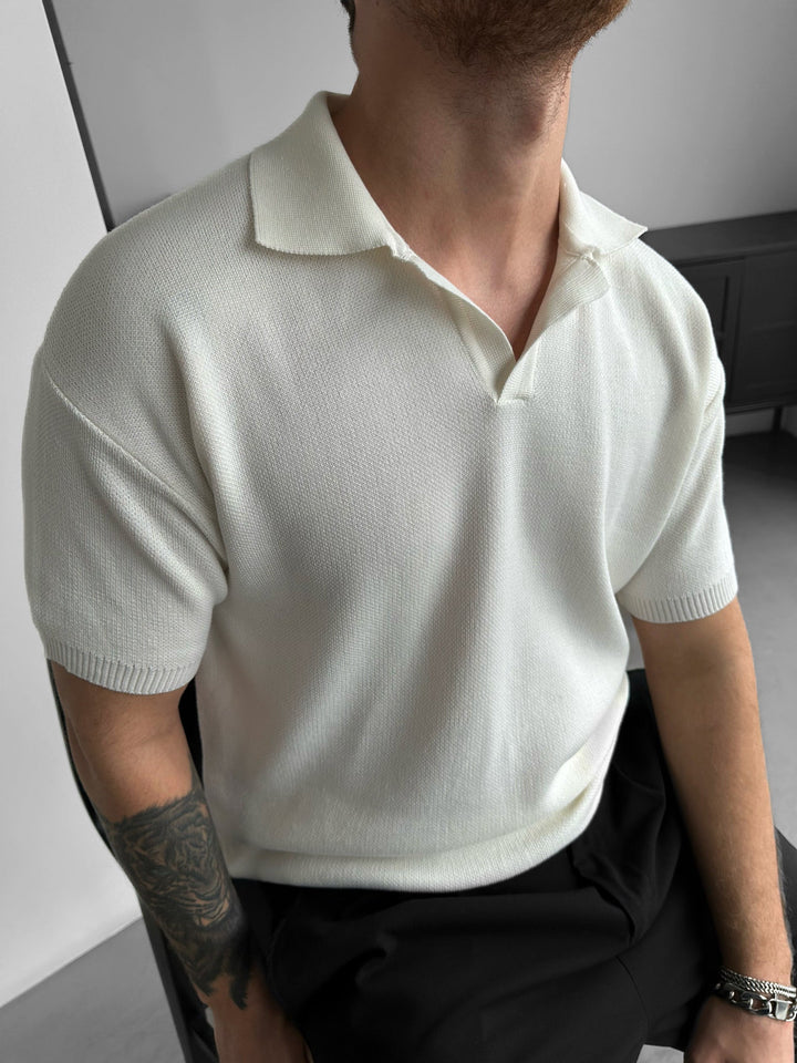 Överdimensionerad Krage Stickad T-shirt - Ecru