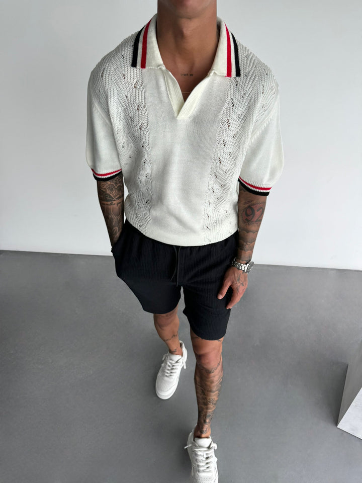 Slim Fit Detaljstickad Polo T-shirt - Ecru