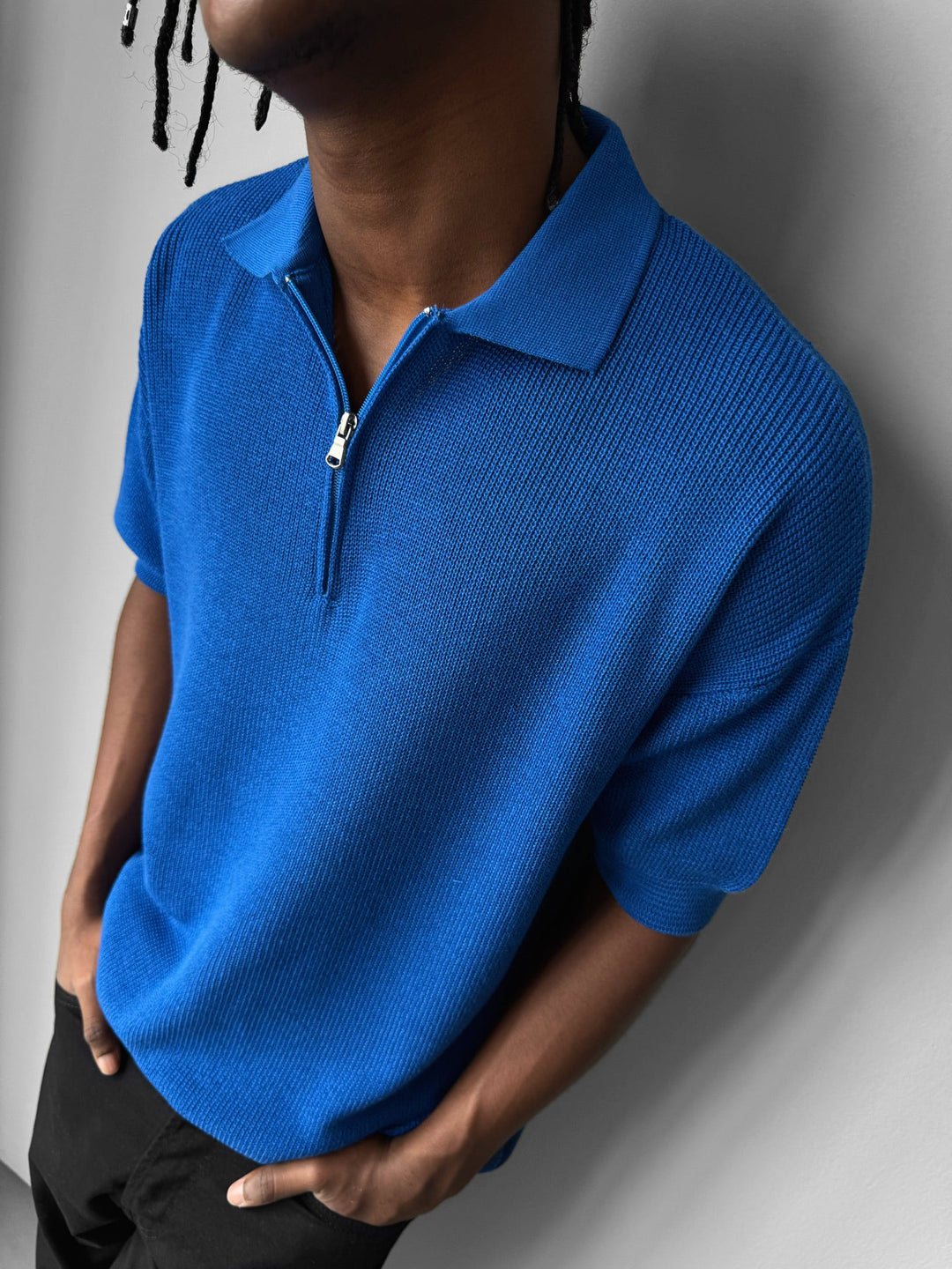 Oversize Dragkedja Stickad Polo T-shirt - Saks