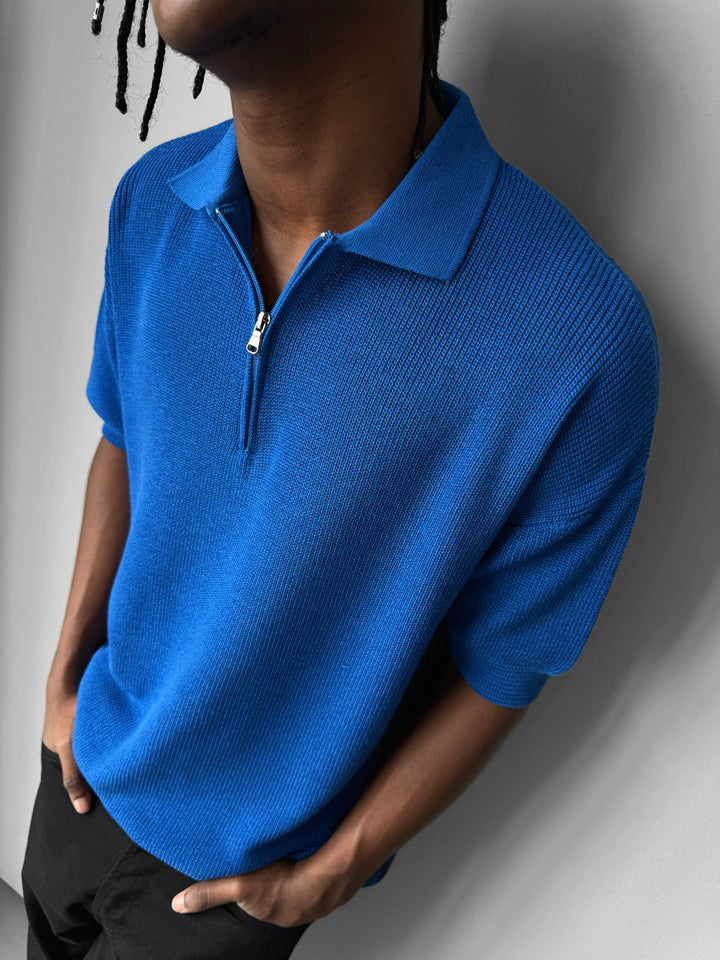 Oversize Dragkedja Stickad Polo T-shirt - Saks
