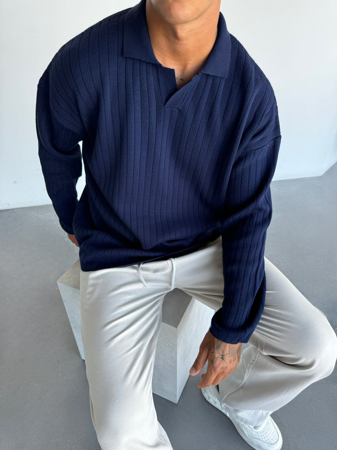 Oversized Vid Ribbad Långärmad Stickad Polo Sweatshirt - Marinblå