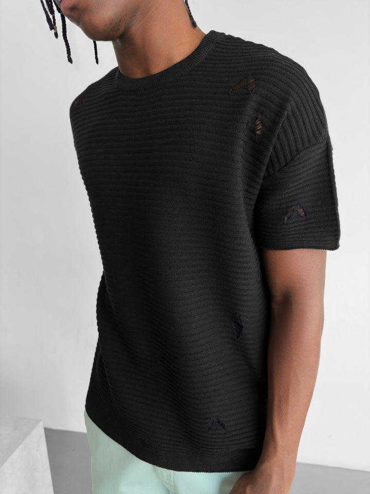 Lös Passform Revärmad Stickad T-shirt - Svart