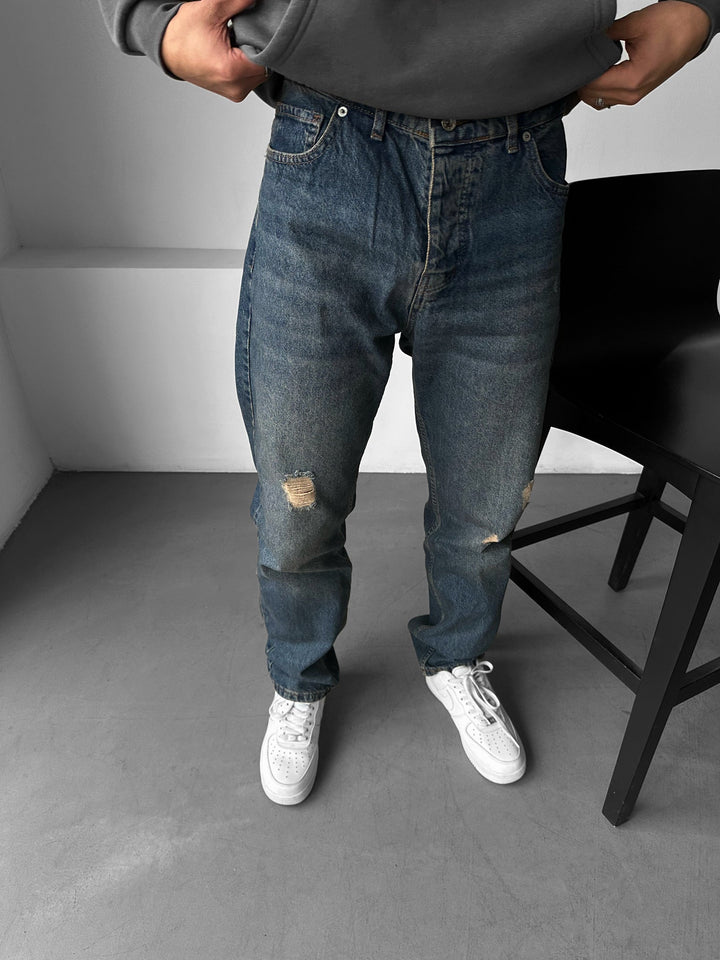 Baggy Torn Tvättade Jeans - Mörkblå