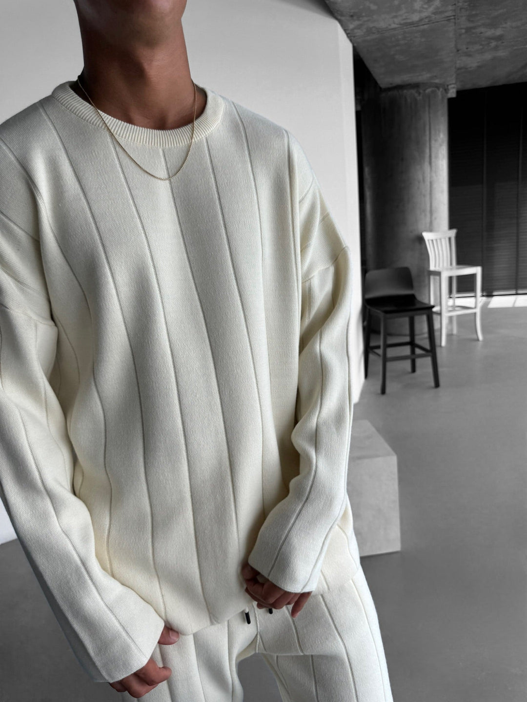 Oversize Lines Stickad Sweatshirt - Cremé