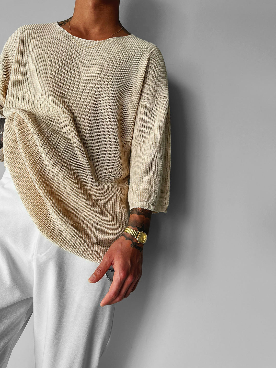 Överdimensionerad Lång Stickad T-Shirt - Beige