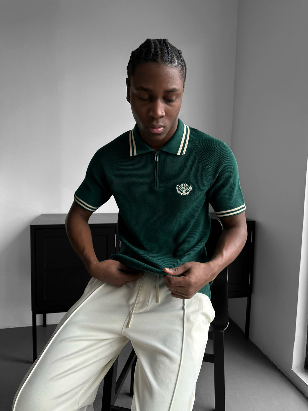 Slim Fit Halv-Zip Broderad Polo T-shirt - Petrol