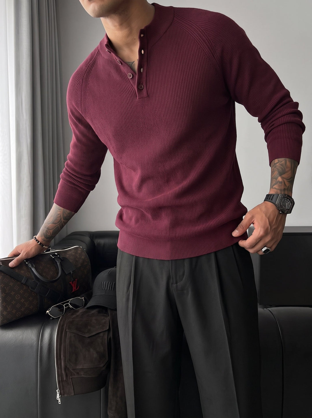 Slim Fit Stickad Tröja - Bordeaux
