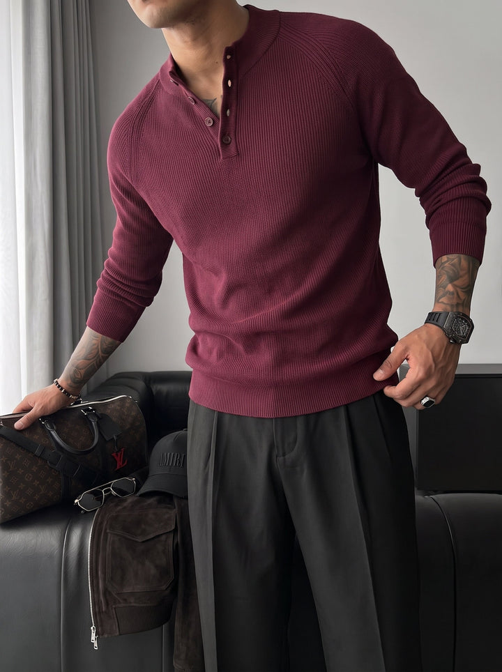 Slim Fit Stickad Tröja - Bordeaux