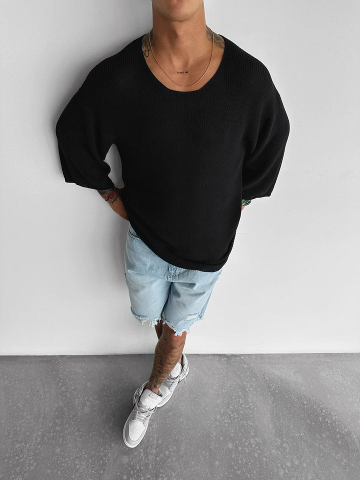 Överdimensionerad Lång Stickad T-Shirt - Svart
