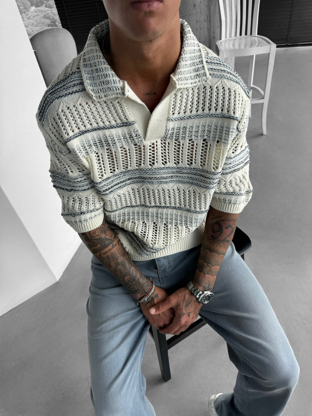 Oversize Stickad Polo T-Shirt - Blå