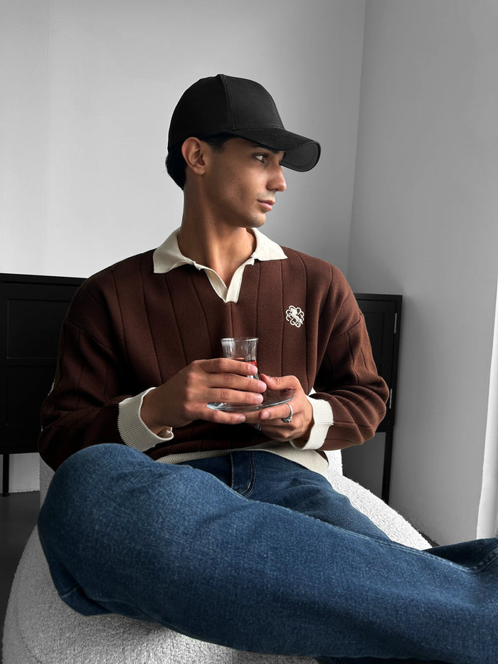 Överdimensionerad Broderad Polo Tröja - Brun
