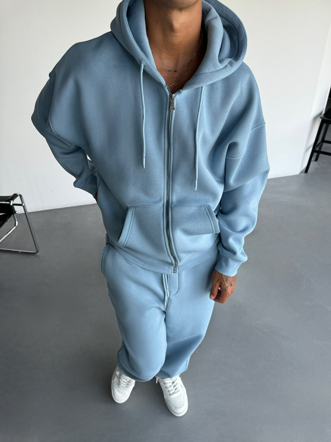 Oversize Basic Zipper Hoodie - Blekt Denim
