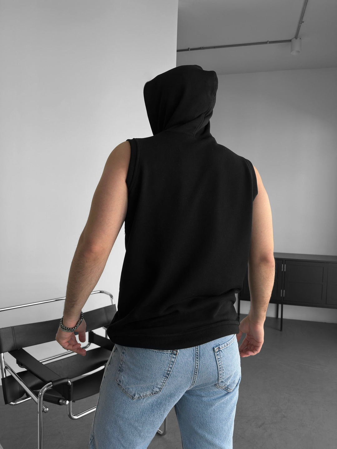 Lös Passform Ärm-lös Hoodie - Svart
