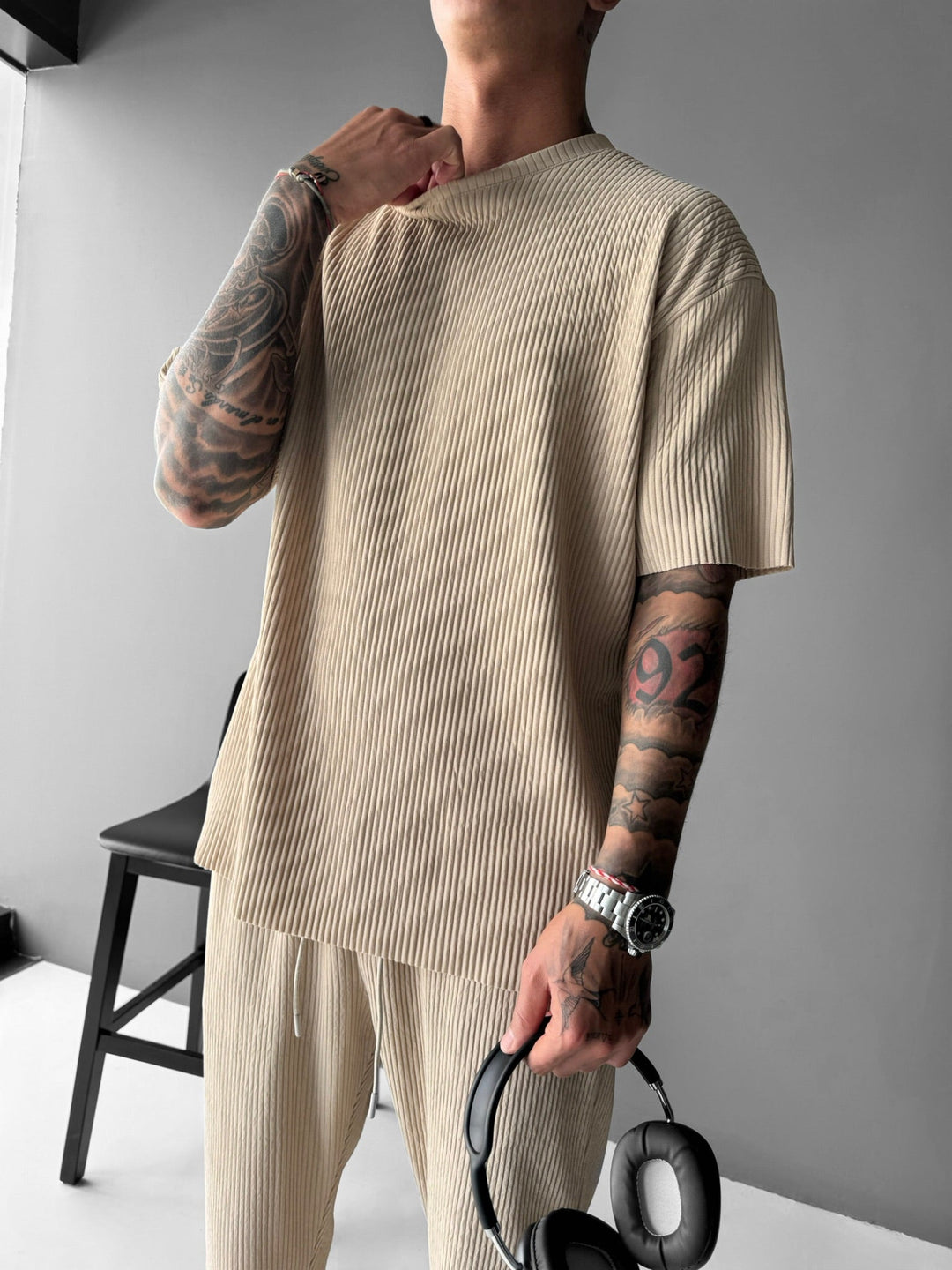 Oversize Ribbad T-Shirt - Beige