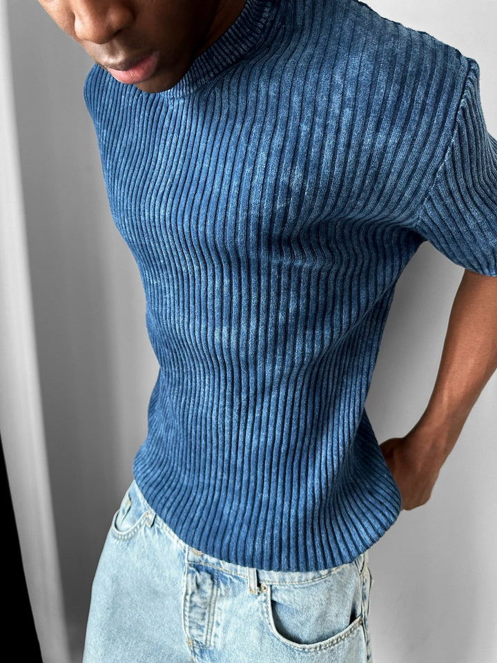 Slim Fit Tvättad Tunn Linjer Stickad T-Shirt - Blå