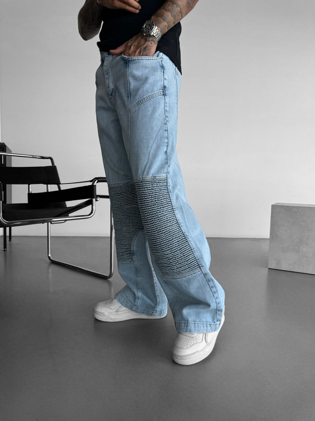 Baggy sömdetalj jeans - Blå