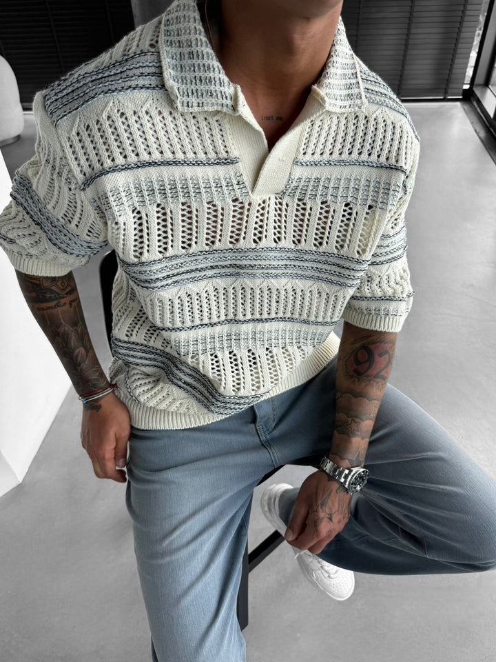 Oversize Stickad Polo T-Shirt - Blå