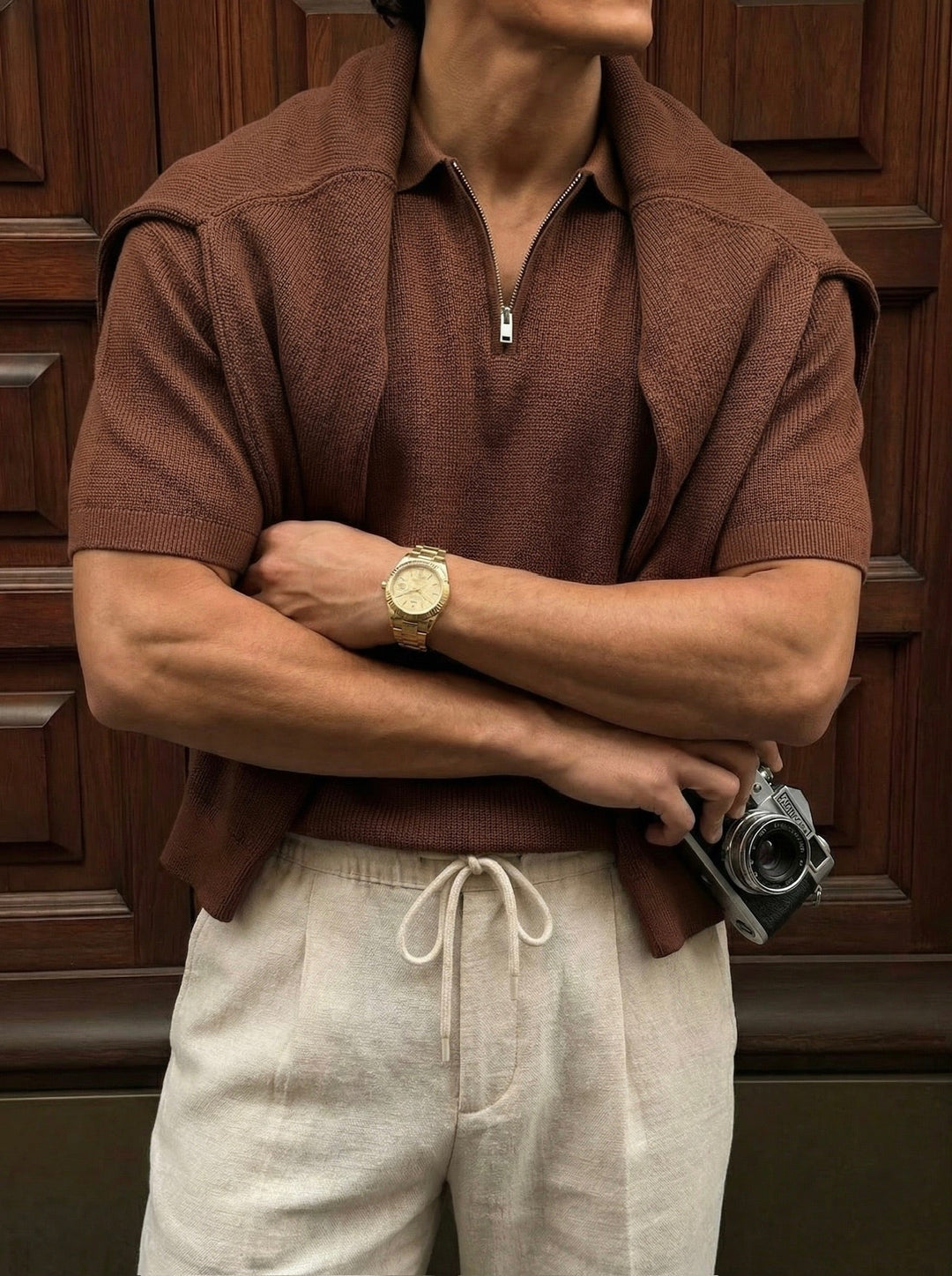 Oversize Dragkedja Knit Polo T-shirt - Mörkbrun