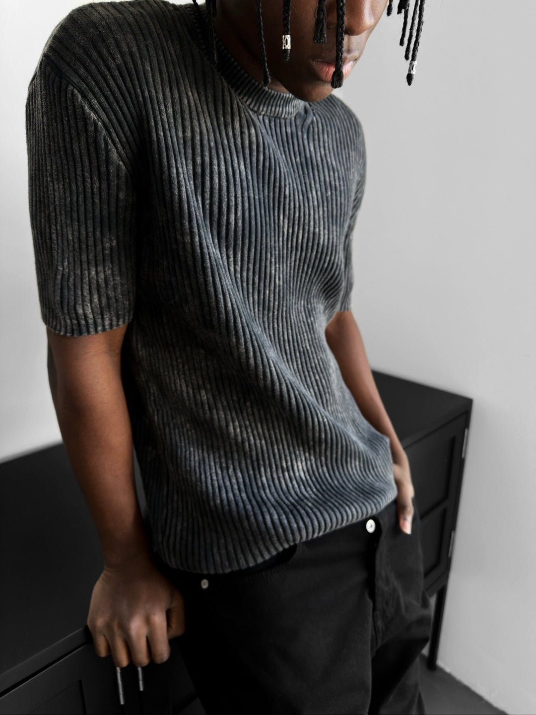Slim Fit Tvättad Tunn Linjer Stickad T-Shirt - Antracit