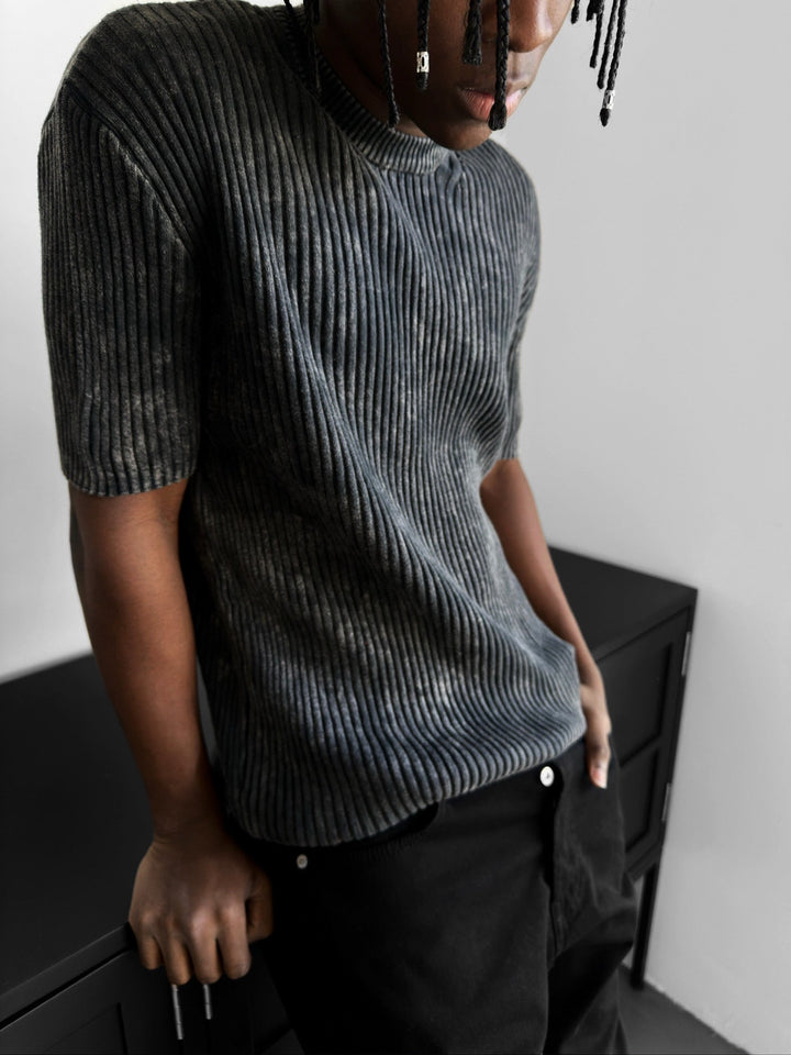 Slim Fit Tvättad Tunn Linjer Stickad T-Shirt - Antracit