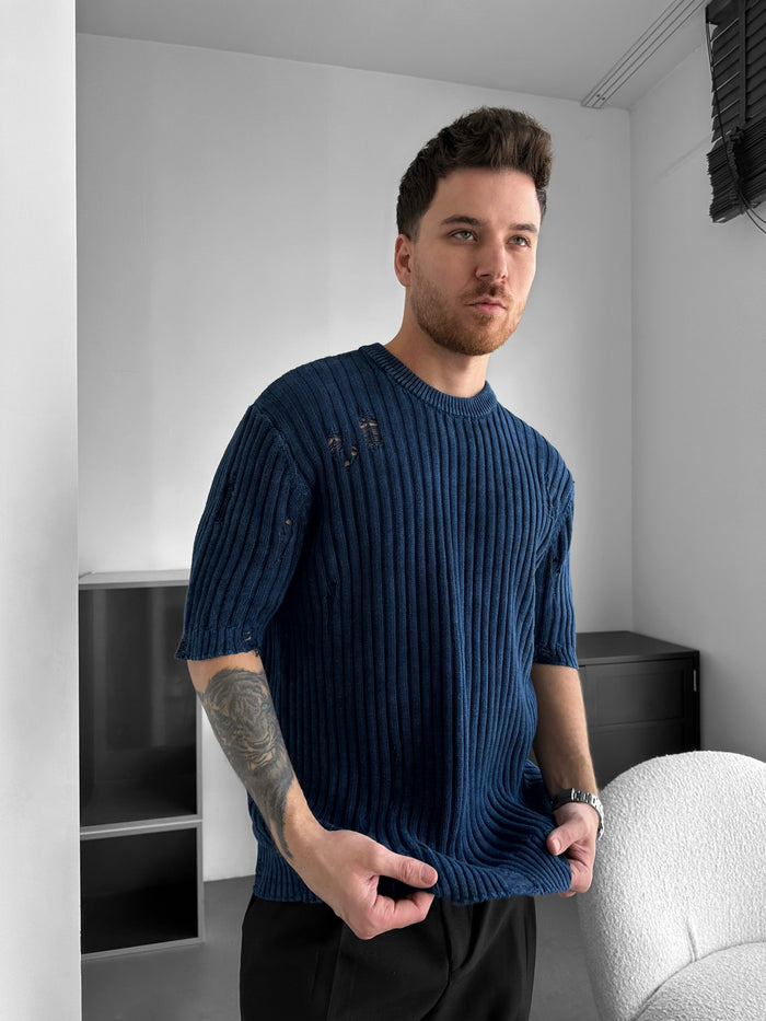 Oversize Torn Tvättad Stickad T-shirt - Blå