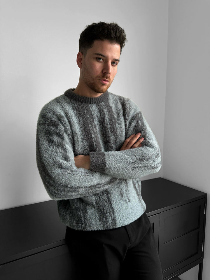 Oversize Brushstroke Effect Stickad Pullover - Antracit
