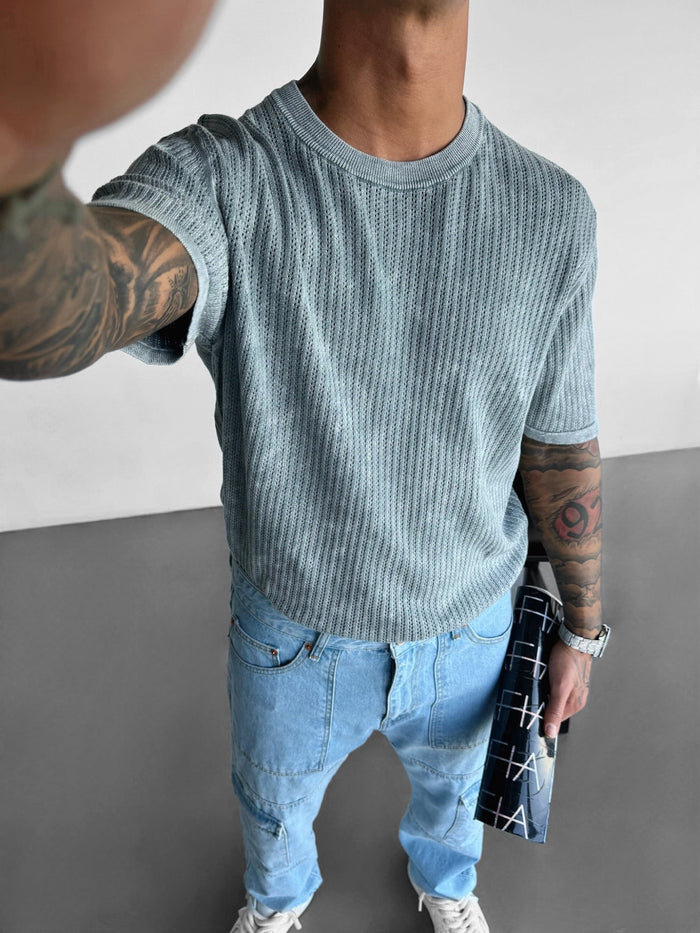 Oversize Stickad Tvättad T-shirt - Grå