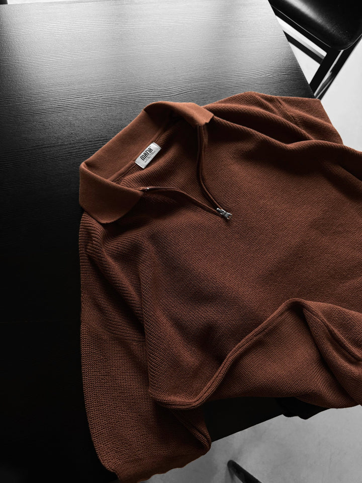 Oversize Dragkedja Knit Polo T-shirt - Mörkbrun