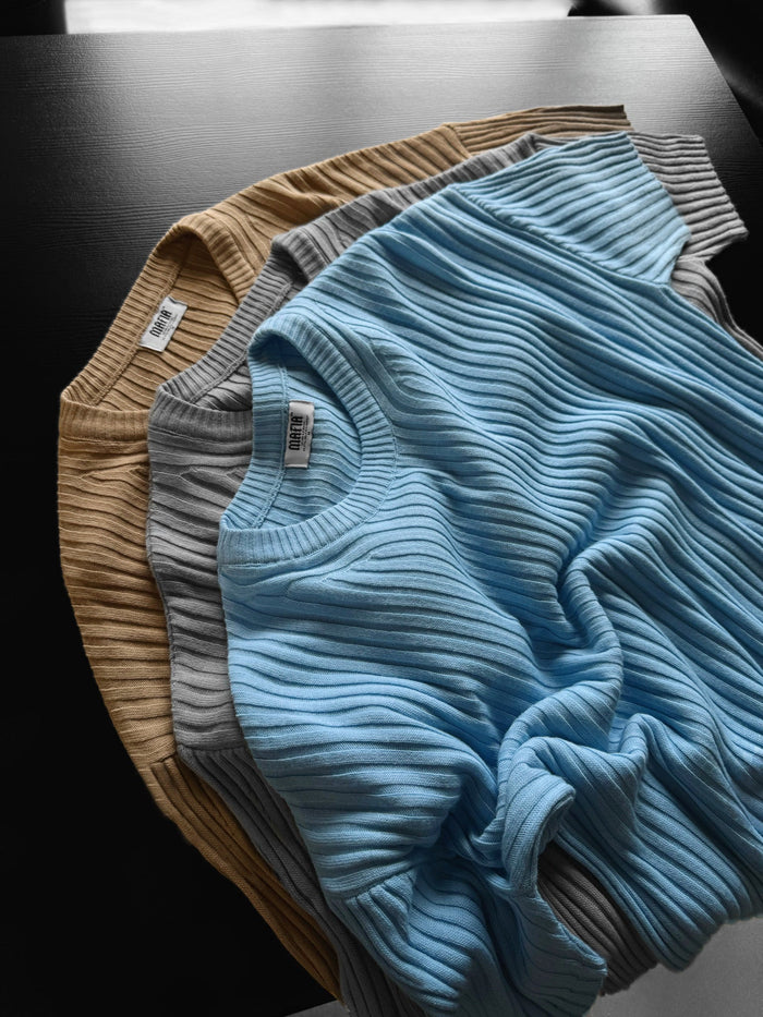 Lös Passform Ribbad Stickad T-Shirt - Babyblå