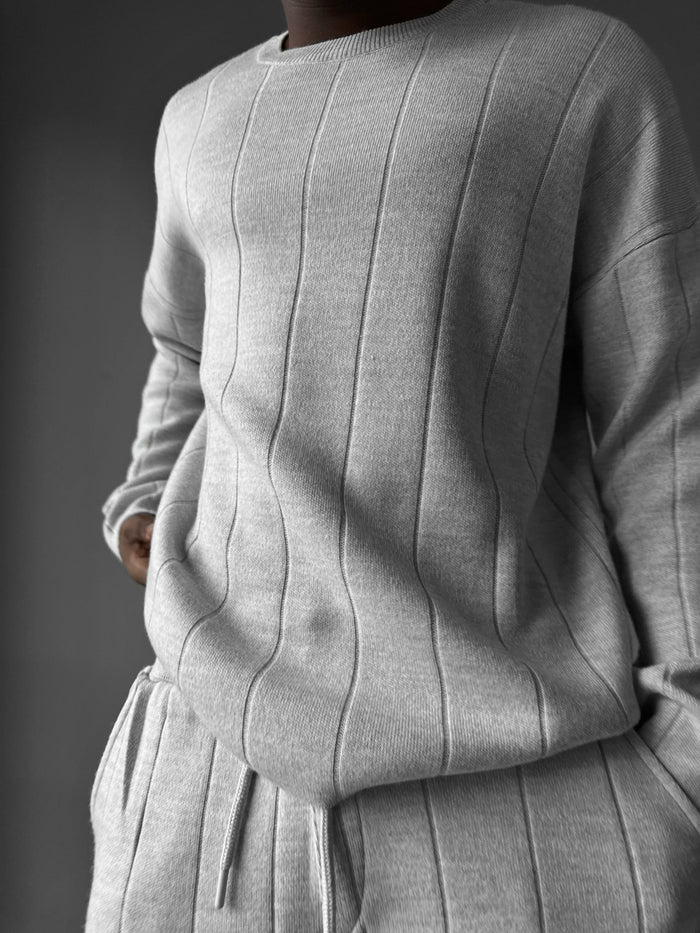 Oversize Linjer Stickad Sweatshirt - Ljus Grå