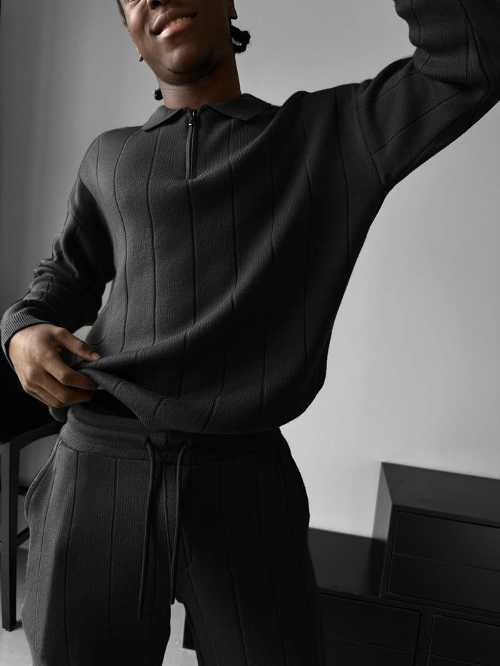 Oversize Lines Knit Zipper Polo Sweatshirt - Svart
