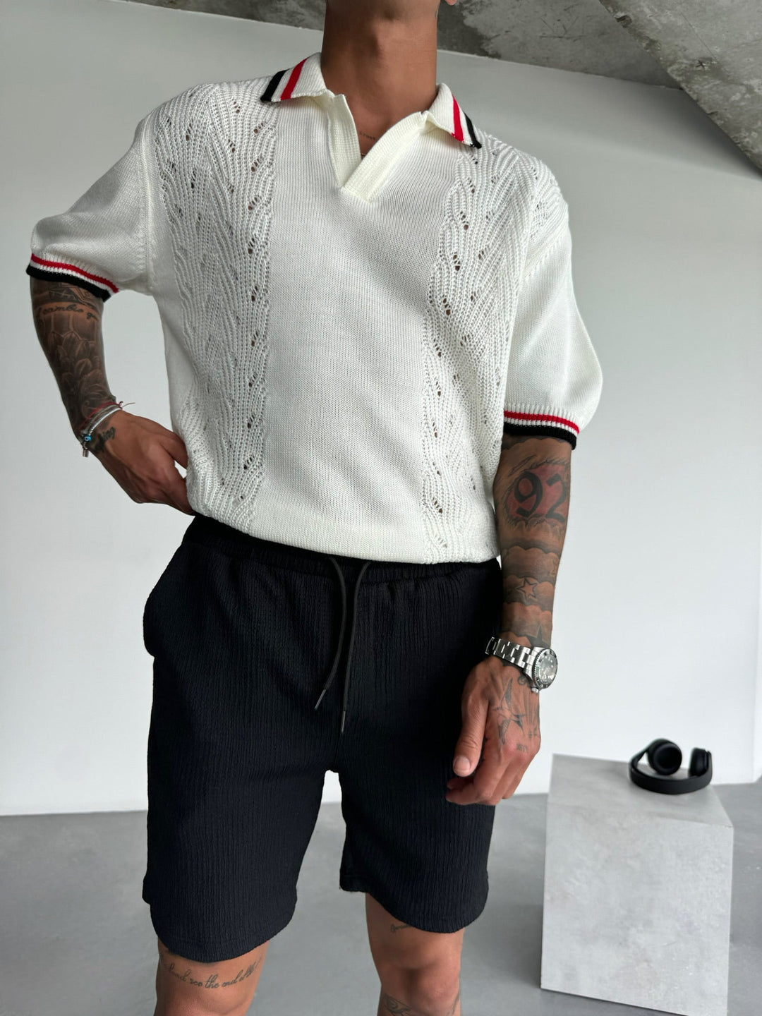 Slim Fit Detaljstickad Polo T-shirt - Ecru
